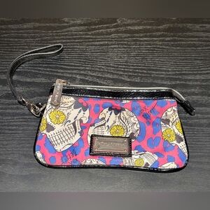 Betsey Johnson Pink & Blue Leopard Print Wristlet with Skull with Sunflower Eyes